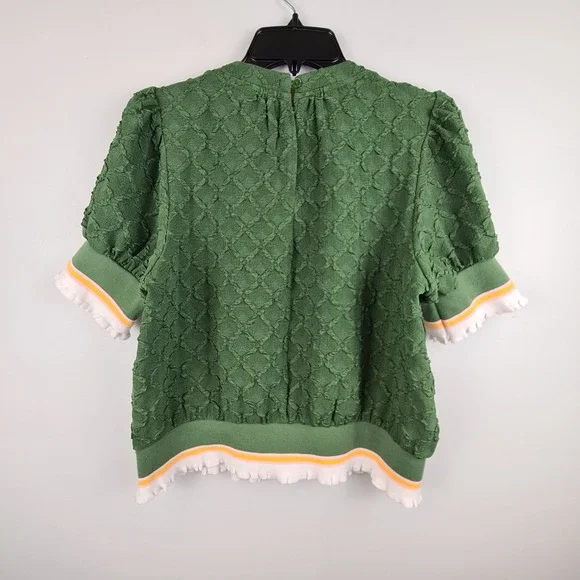 Fab'rik Green Textured Puff Sleeve Ruffle Hem Top Small Womens Preppy blouse - Picture 6 of 6